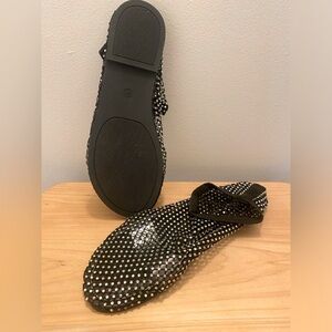 In style Sandals. Black sequins mesh, flat sole.